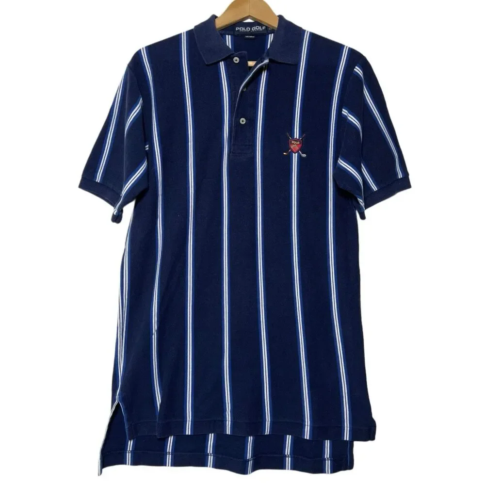 Ralph Lauren Polo Golf Blue Striped Polo Crest Logo Men's Size Medium Club Crest